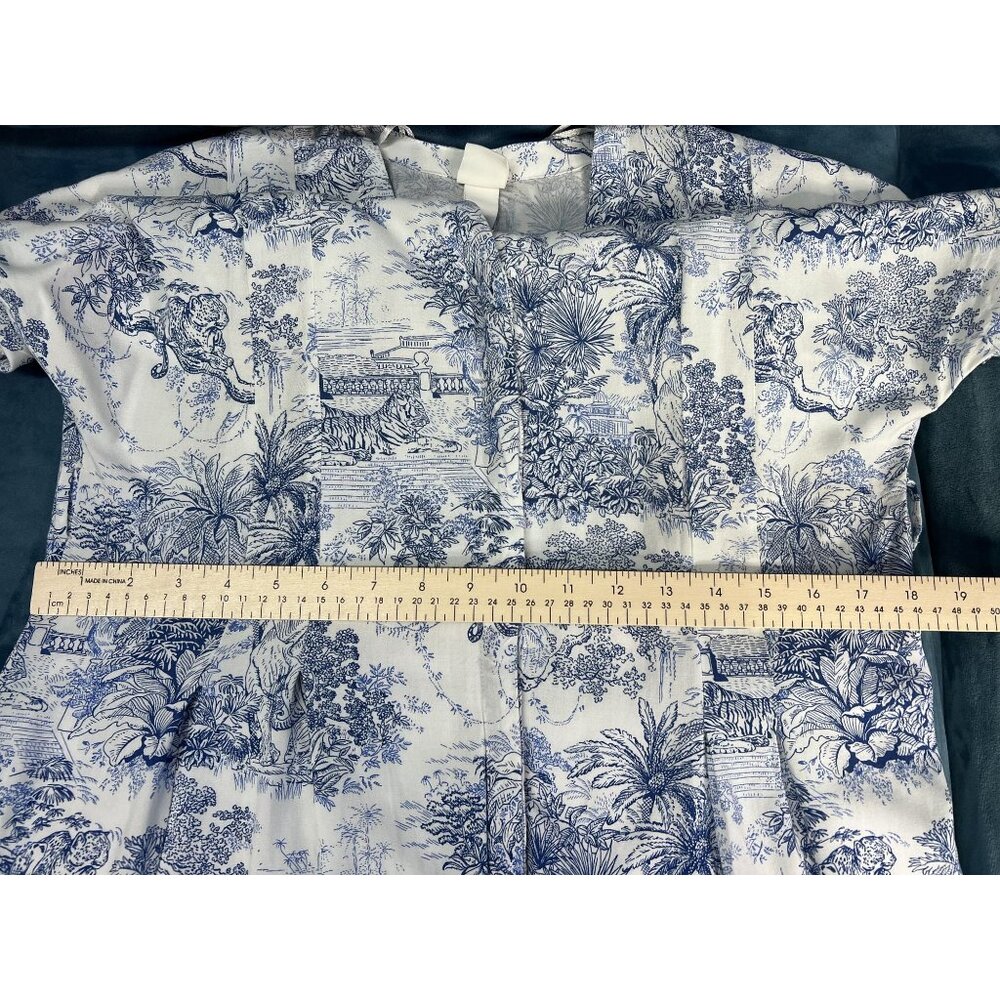 H&M Blue White Scenic Print Maxi Dress Women 0 Belted V-Neck Boho Summer - Picture 8 of 10